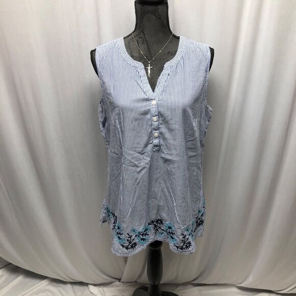Croft and Barrow Sleeveless Top Womens Sz Large Blue White Striped Cotton Tunic - Picture 1 of 9